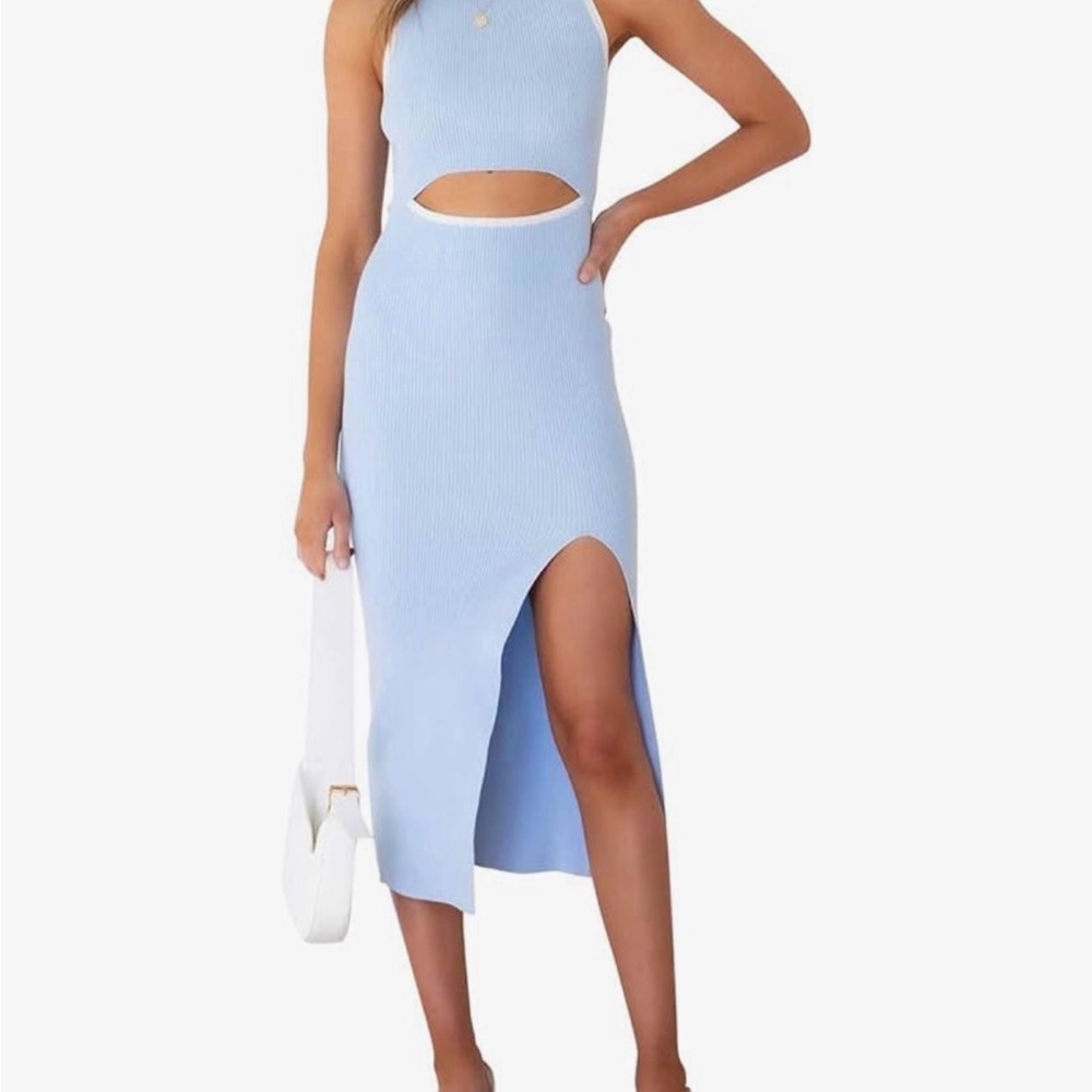 Light Blue Cutout Ribbed Midi Dress